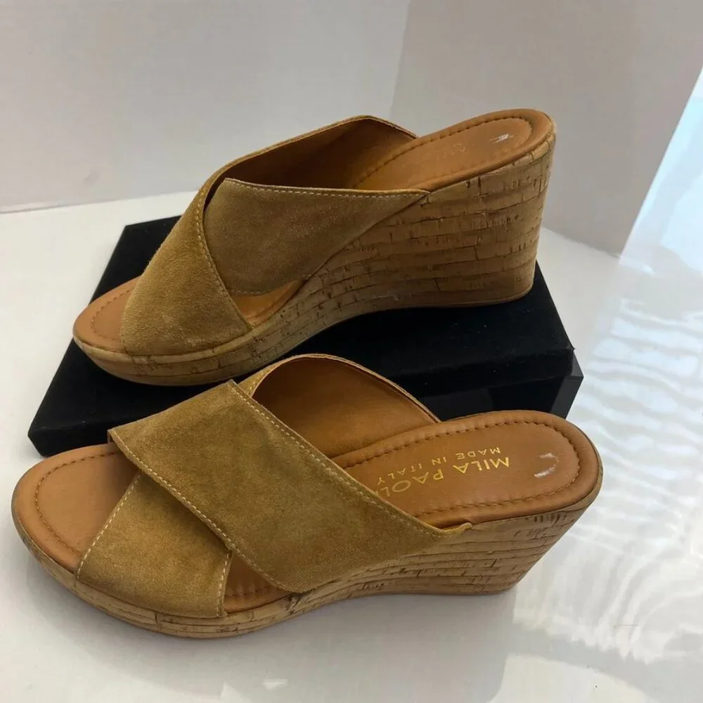 Mila Paoli Italy Suede Cross Strap Cork Wedge Sandals Tan – Est. US 7